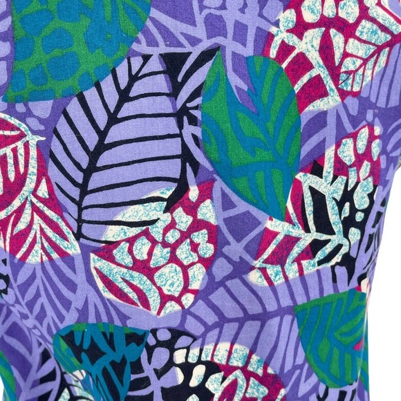 Vintage 90s Purple Leaf Print Boxy Blouse Tropical Cotton Tie Front Jaclyn Smith - Picture 11 of 13
